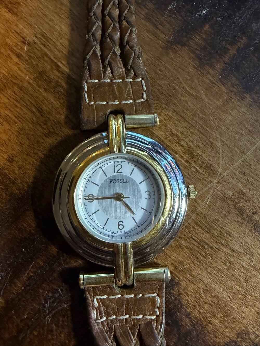 Fossil Women's Watch Gold Tone Silver Case Braided Brown Leather Strap